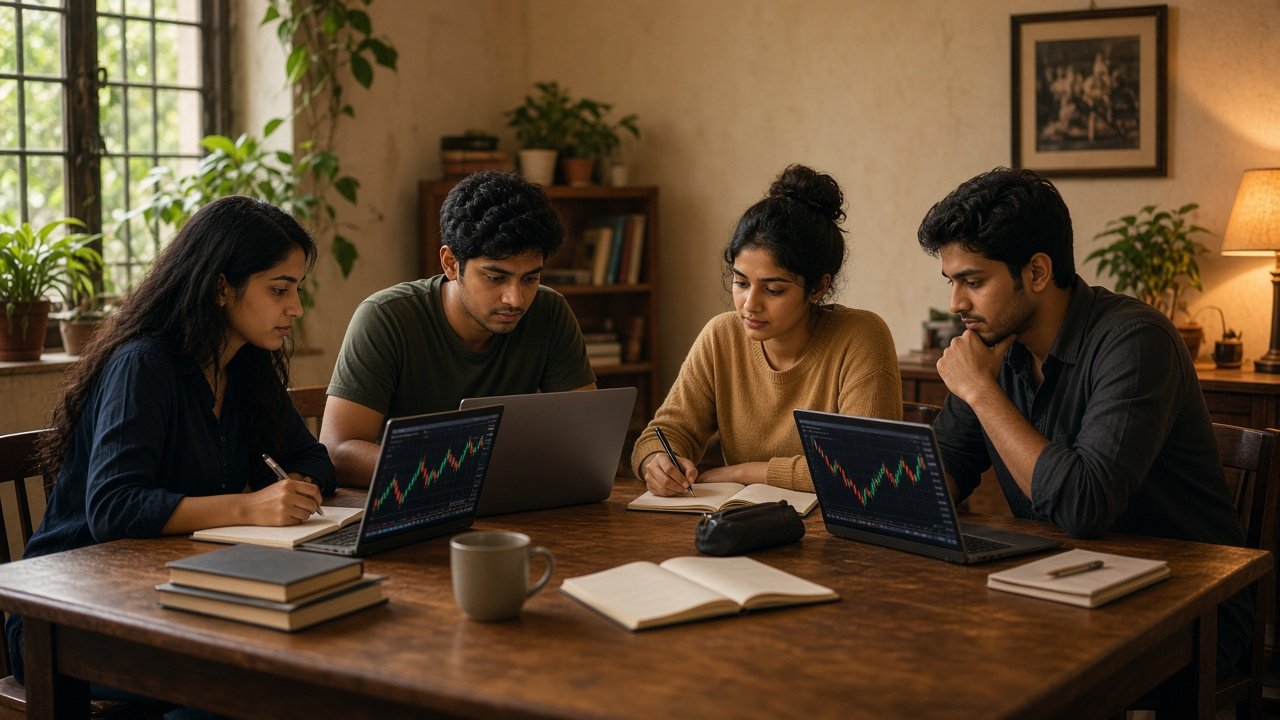 Students studying candlestick charts together around a table
